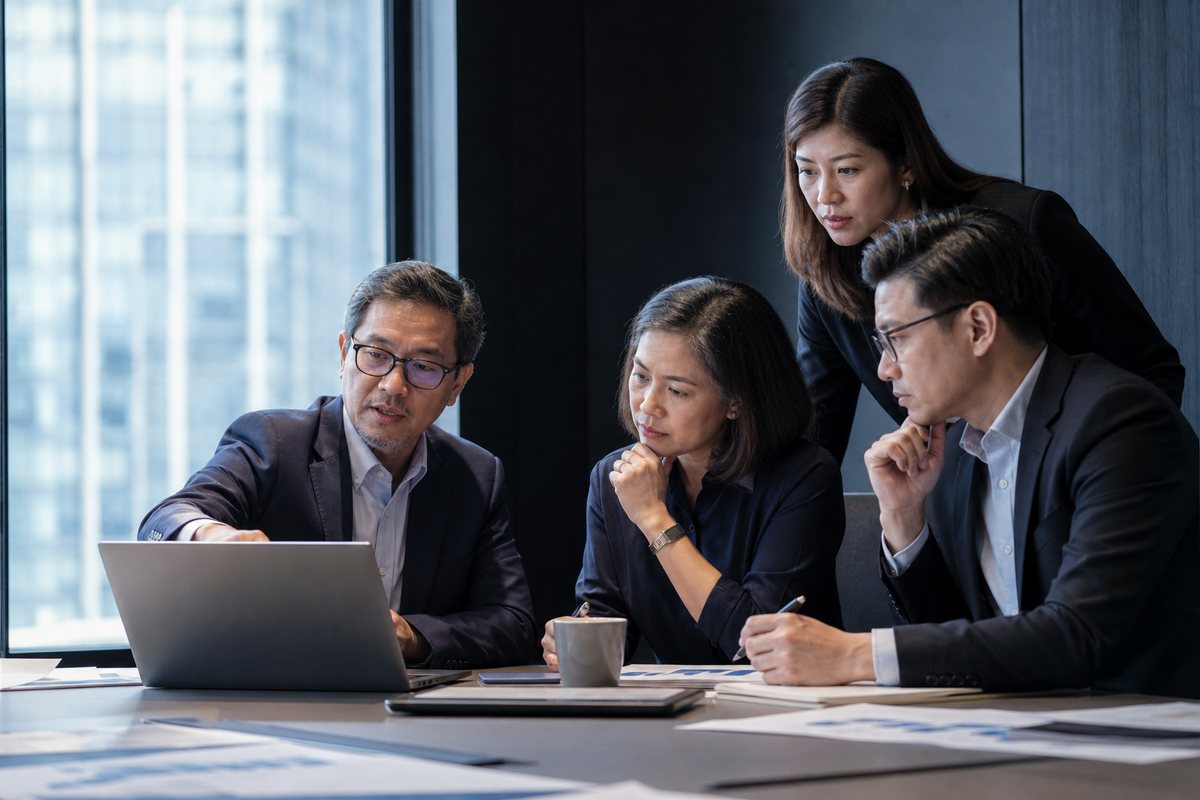 A senior strategy team reviewing evidence together